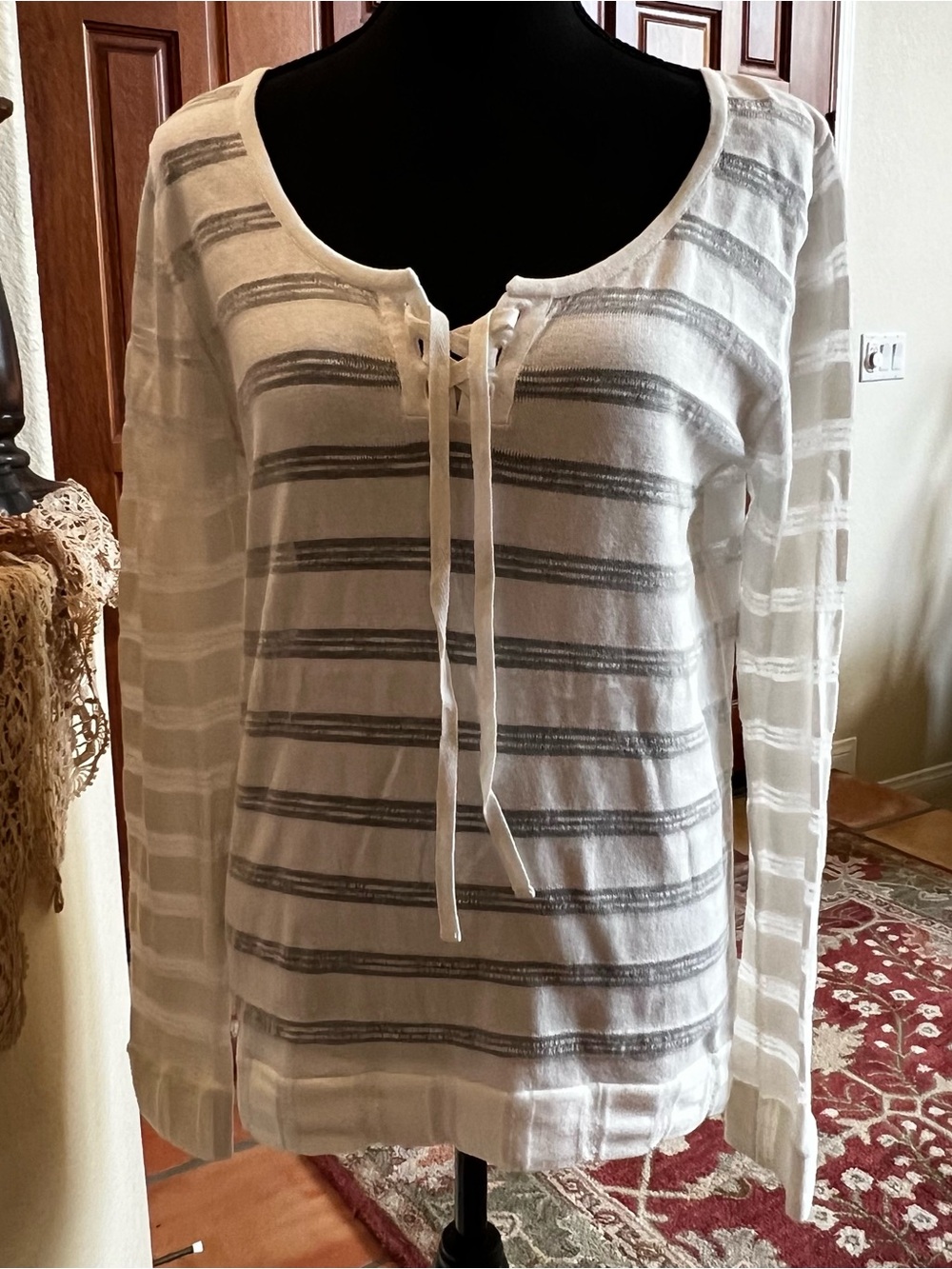 Pure And Simple Clothing Womens V-Neck Lace Up White Striped Tee Size M Cotton